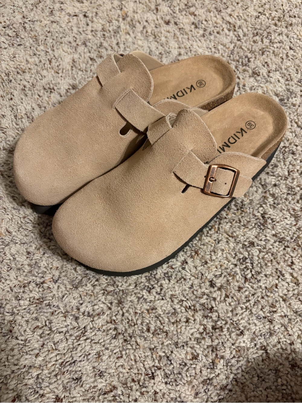 Suede Slip-On Clogs with Buckle in Tan